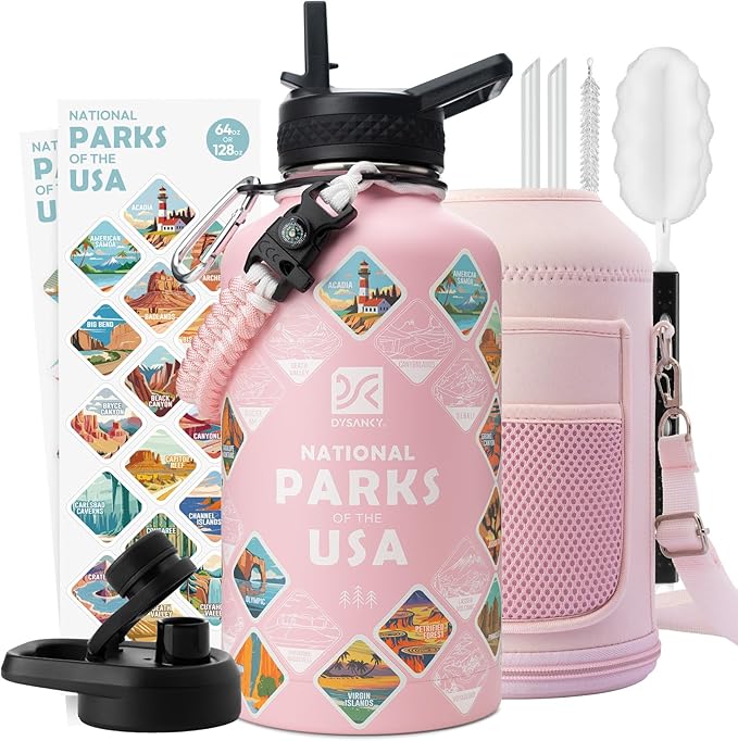 DYSANKY National Parks Water Bottle – 64 oz Insulated Stainless Steel Bottle with 63 Hand-Drawn Park Stickers, Carrier Bag, Strap & Gift Box – BPA-Free – Ideal for Hiking, Camping & Travel