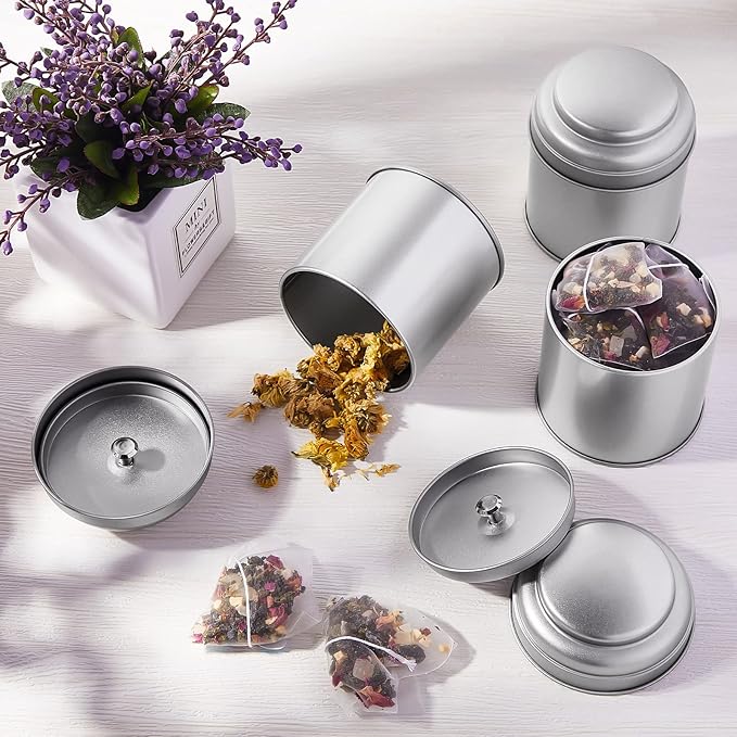 Meanplan 12 Pcs Tea Tin Canister with Airtight Double Lids Round Tin Can Box Small Kitchen Tea Canister Loose Leaf Storage Containers for Loose Bags Coffee Sugar Candy Spices(Silver,8 oz)