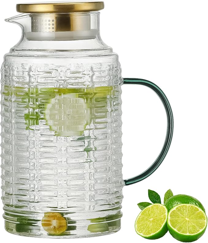 Buaic Glass Pitcher with Lid,84 oz/2.5 Liter Vintage Water Pitcher, Clear Borosilicate Glass Water Carafe for Cold Brew, Coffee, Lemonade, Iced Sun Tea, Juice, Beverage, Milk, Heat Resistant