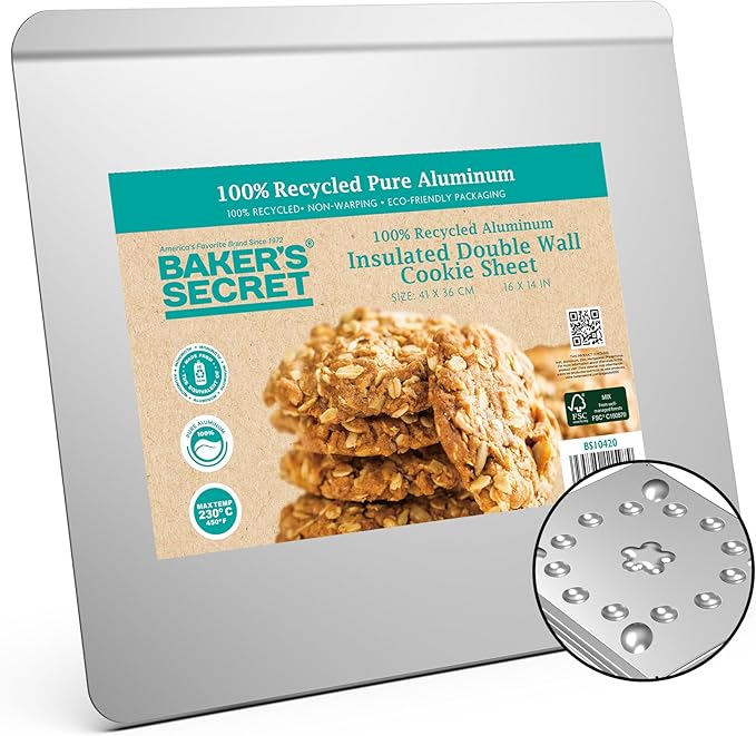 Baker's Secret Pure Aluminum Insulated 16" Cookie Sheet Commercial Grade, 100% Recycled Alu Cookie Sheet Extra Thick - The Natural Aluminum Collection
