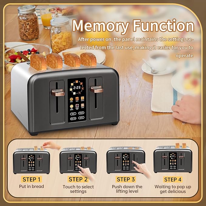 SEEDEEM Toaster 4 Slice, Stainless Toaster & Touch Control, LCD Display, 6 Bread Type, 7 Shade Settings, 1.5'' Wide Slots, Cancel/Defrost/Reheat, Removable Crumb Tray, 1800W, Dark Metallic