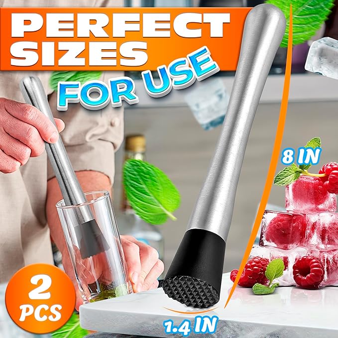 2 Pcs Bar Muddler for Cocktails - 8" Stainless Steel Muddler for Lemonade with Glass-Safe Grooved Nylon Head, Dishwasher Safe - Lemonade Stand Supplies for Mojitos, Citrus, Mint, Herb & Fruit Mixing