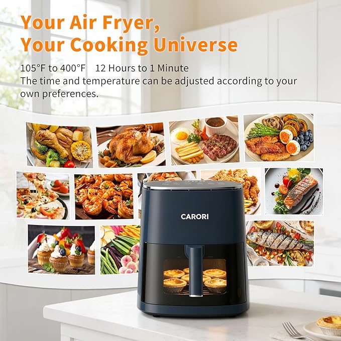 CARORI 6QT Air Fryer with Viewing Window, 12 Cooking Presets, 1700W Fast & Even Cooking, Max 400℉ Crisping, Bake, Roast, Reheat & Dehydrate, Large Nonstick Basket, Dishwasher Safe, Dark Blue