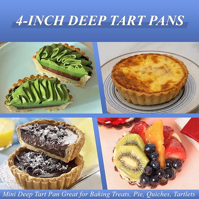 4 Pack Deep Tart Pans with Removable Bottom, 4-Inch Nonstick Quiche Pan with Silicone Basting Pastry Brush for Baking Treats, Pie, Quiches, Tartlets