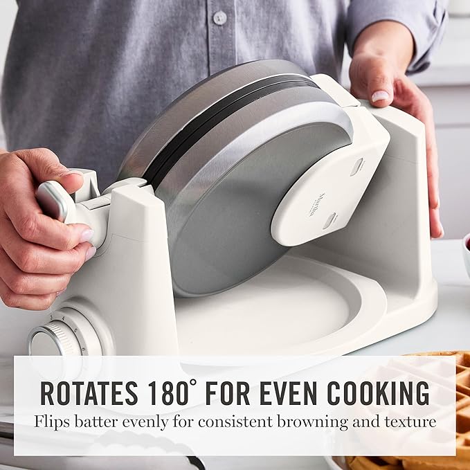 Martha Stewart Rotating Waffle Maker, 180° Flip Iron with PFAS-Free Nonstick Plates, Adjustable Timer, Ready Light, Drip Tray, Space Saving, Classic Round 7”, Easy to Clean, Stainless Steel, Linen