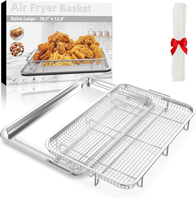 Air Fryer Basket for Oven, Extra Large 18.8" x 12.8" Oven Air Fryer Basket and Tray Set with 30 PCS Parchment Papers, Stainless Steel Air Fryer Pan and Crisper Tray (Silver)