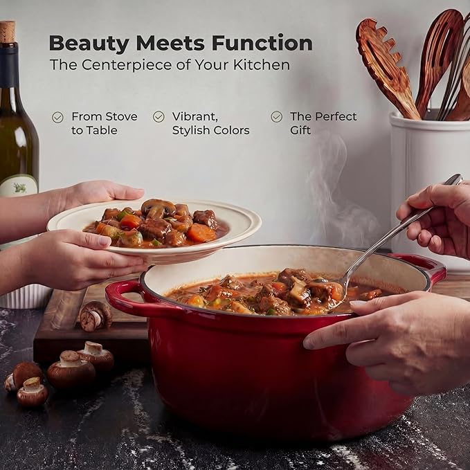 Zulay Kitchen 6 Quart Enameled Cast Iron Dutch Oven Pot with Lid – Premium Durability & Oven Safe up to 500°F – Heavy Duty Cookware Perfect for Bread Baking, Stews, Braising & Roasting – Garnet