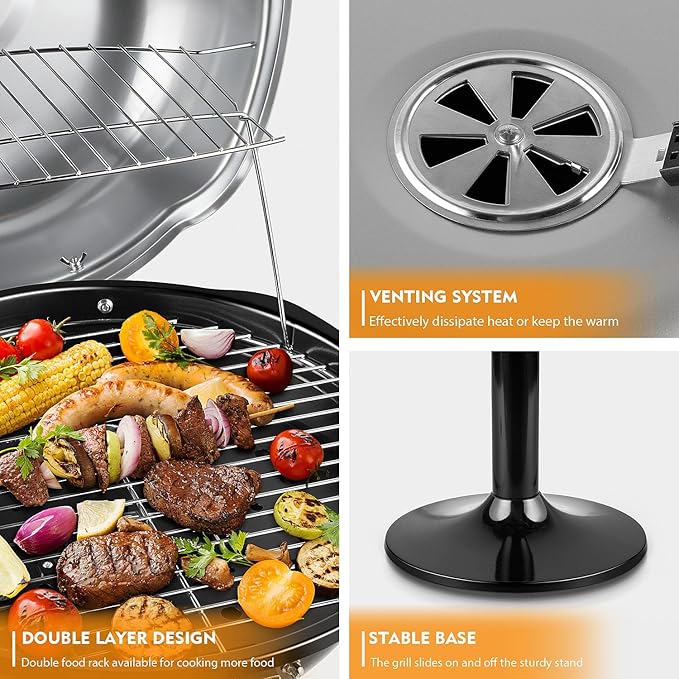 Electric Grill, Techwood Indoor/Outdoor Electric BBQ Grill, 1600W Portable Removable Stand Grill with Adjustable Heat & Drip Tray, Double Layer Design for Party, Patio & Backyard, Dust Cover(Silver)