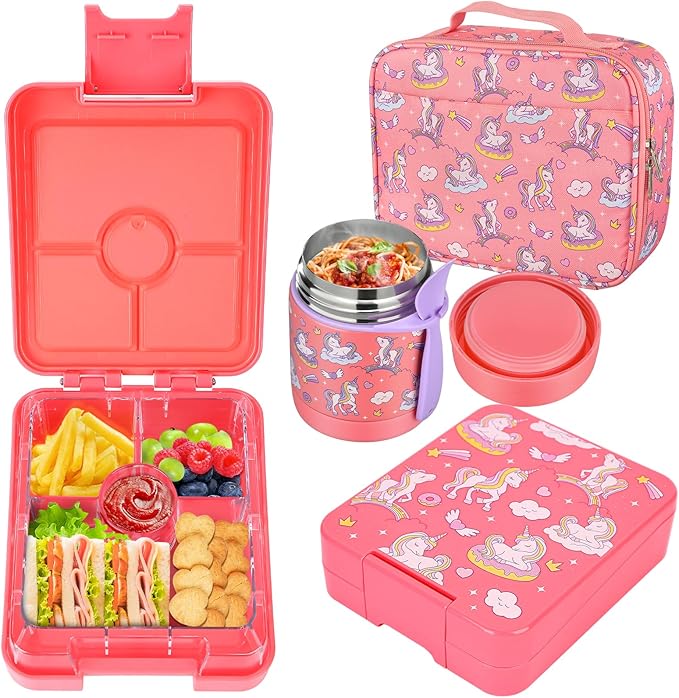 Bento Lunch Box Set for Kids with 10oz Soup Thermo, Leak-Proof Lunch Containers with 4 Compartment, Kids Thermo Hot Food Jar and Insulated Lunch Bag for Kid to School,BPA-Free(Unique Horse)