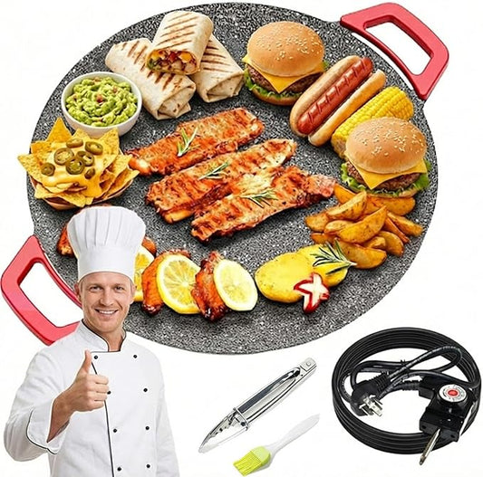 Non-Stick Electric Indoor Grill Pan, Smokeless Electric Griddle with Temperature Control, Round Baking Pan for BBQ, Steaks, Pancakes & Comal Electrico para Tortillas (28cm/11in)
