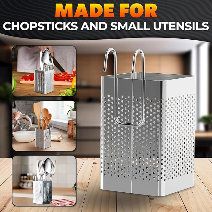 Dishwasher Chopstick Basket – 2.75" x 2.75" x 3.93" Stainless Steel Utensil Holder, Rust-Resistance Chopstick Holder for Dishwasher Basket – Hanging Caddy for Organizing Chopsticks, Straws & Teaspoons