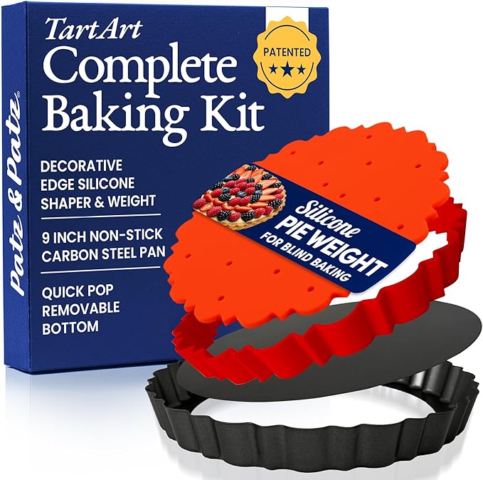 Patz&Patz All-in-One Fluted Tart Pan 9 Inch Removable Bottom Set with Patented Silicone Crust Shaper & Pie Weight | Nonstick Carbon Steel Quiche Baking Dish & Tart Molds for Baking - PFOA & PTFE-Free