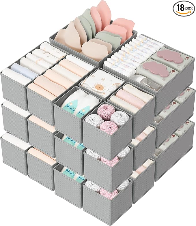 Criusia Drawer Organizers 18-Piece Set, Dresser Organizer for Baby Clothes, Foldable Closet Storage & Drawer Dividers for Underwear, Socks, Nursery (Gray)