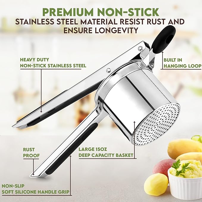 Large 15oz Potato Ricer with 3 Discs - Heavy Duty Stainless Steel Potato Masher and Ricer for Mashed Potatoes | Non Slip Baby Food Squeezer, Kitchen Gadget Tool for Food Press & Food Mill