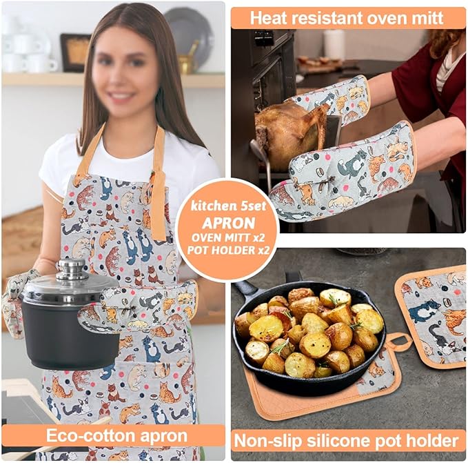 Alselo Oven Mitts and Pot Holders with Chef Apron,Set of 5 Heat Resistant Kitchen Gloves and Silicone Non-Slip Potholders Adjustable Neck Buckle Chef Apron, Cotton Nice Design for Cooking (Cat)