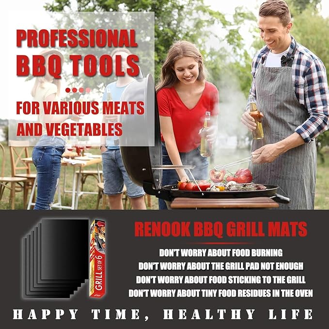 Renook Grill Mat Set of 6-100% Non-Stick Reusable Mats for Gas, Charcoal or Electric Grills - Easy to Clean - 23 x 16.5-Inch, Black