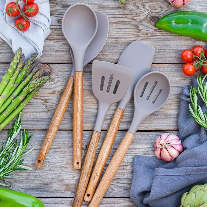 Kitchen Utensils Set, Silicone Cooking Utensils Set,Non-Stick Silicone Spatula Set with Natural Acacia Hard Wood Handle, 5 Piece, Upgraded Thickened Cookware