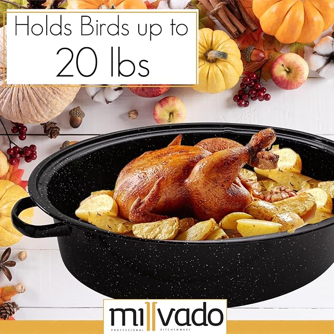 Millvado Roasting Pan With Lid, Thanksgiving Turkey Roaster Pan, Extra Large 20 lb Capacity, 19" Granite Oven Roaster Oval Shaped Speckled Enamel on Steel Cookware,for Roasting Turkey, Chicken, Lamb
