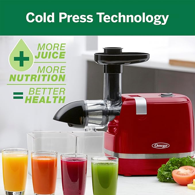 Omega H3000RED Cold Press 365 Juicer Slow Masticating Extractor Creates Delicious Fruit Vegetable and Leafy Green High Juice Yield and Preserves Nutritional Value, 150-Watt, Red