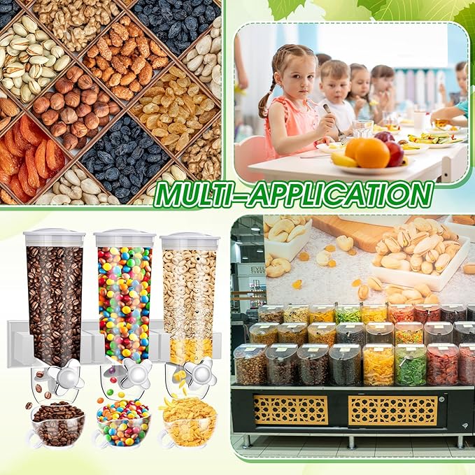 Nitial 2 Pieces Cereal Dispenser Wall Mounted 4.5L Triple Candy Machine Grain Dispenser with Cup Triple Dry Food Snack Wall Mount Cereal Storage Container for Kitchen Food Store Coffee Store (White)
