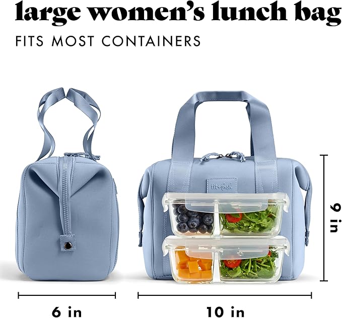 Fit & Fresh Remi Neoprene Lunch Bag For Women - Meal Prep Kit with Containers & XL Ice Pack, Self Insulating Neoprene-like Material, Machine Washable Lunch Bag, Tear-Resistant, Stain-Resistant, Slate