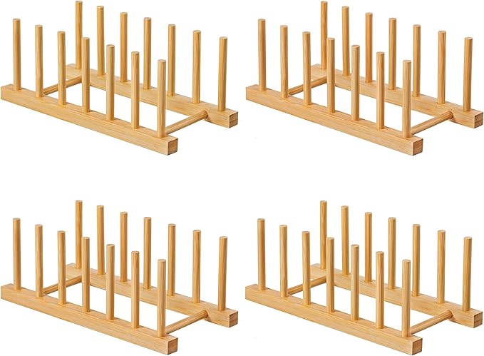 HBlife 4pcs Bamboo Dish Plate Bowl Cup Book Pot Lid Cutting Board Drying Rack Stand Drainer Storage Holder Organizer Kitchen Cabinet（Keep Dry）