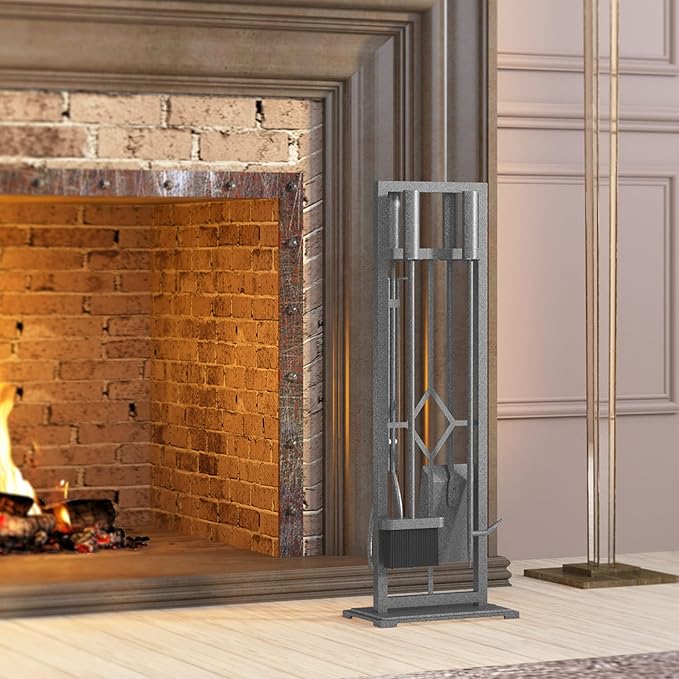 Fire Beauty 5 Pieces Fireplace Tools Set Wrought Iron Fire Place Pit Poker Holder(Pewter)