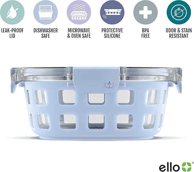 Ello Duraglass Meal Prep Container- Glass Food Storage Container with Silicone Sleeve and Airtight BPA-Free Plastic Lid, Dishwasher, Microwave, and Freezer Safe