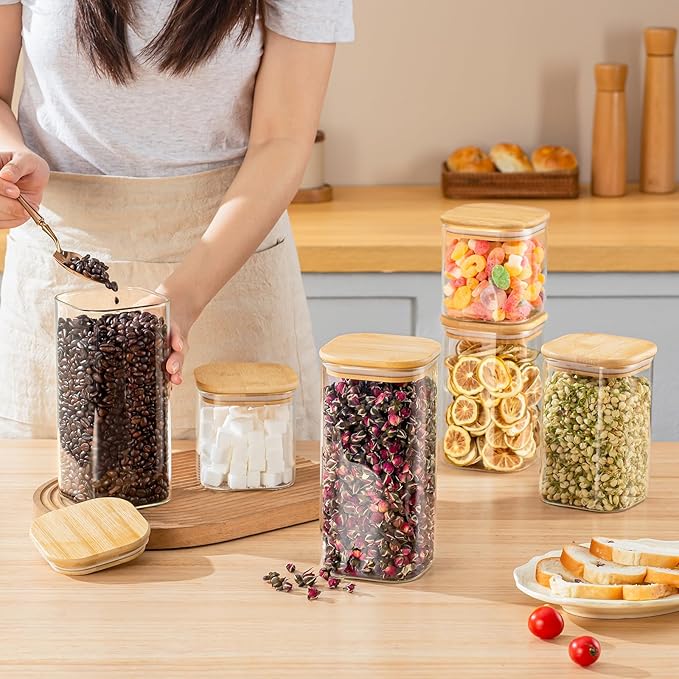 SENTVEND 24 Oz/ 37 Oz/ 51 Oz Glass Storage Jars with Bamboo Lids - 6 Pack Clear Glass Canisters Square Airtight Stackable Ideal for Pantry Storage Containers Great for Cereal Coffee Beans Snacks etc