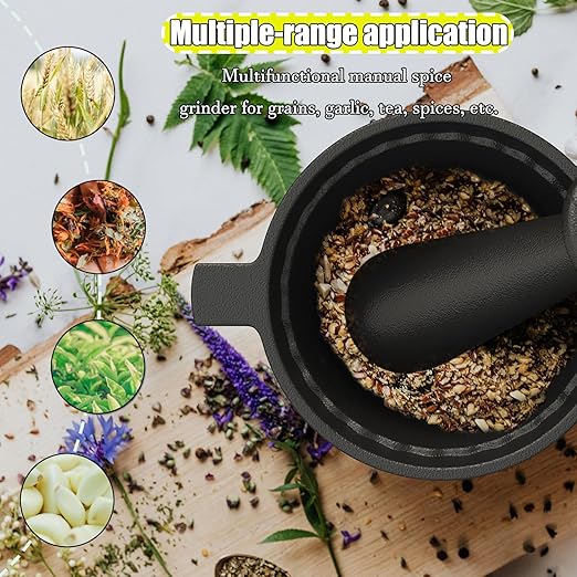Cast Iron Mortar and Pestle & Garlic Grater Plate Set, Guacamole Bowl and Masher with Bonus Brush/Spoon, Small Mortar and Pestle Set 3-in-1 Crushing Smasher for Kitchen Spices and Pesto