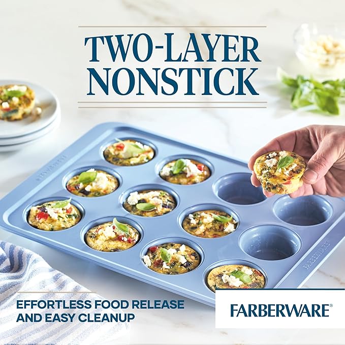 Farberware Easy Solutions Nonstick Bakeware Muffin/Cupcake Baking Pan, 12-cup with fill lines - Blue