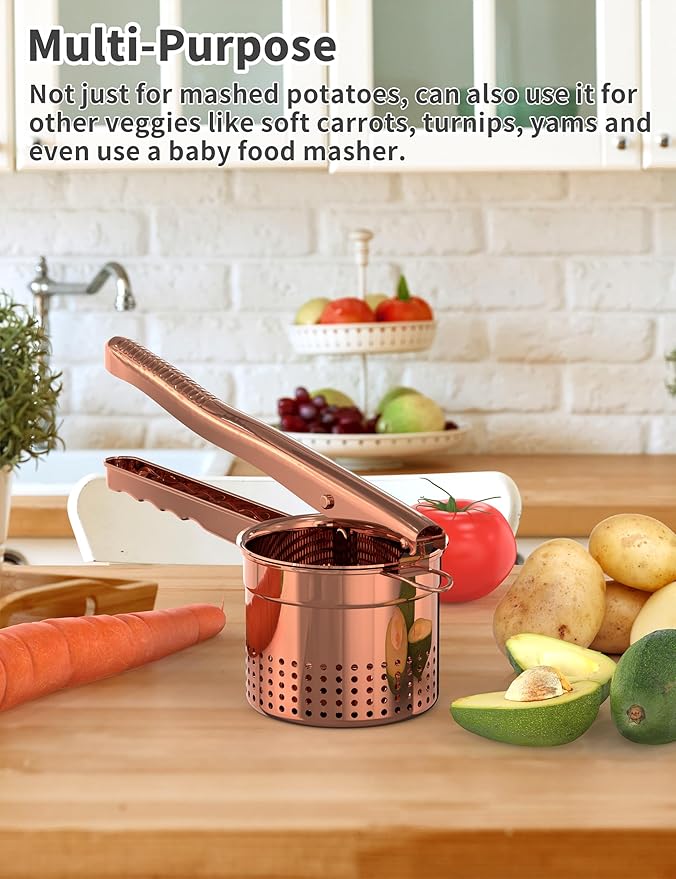 Livilord Large 15oz Potato Ricer, Heavy Duty Stainless Steel Ricer for Mashed Potatoes, Sweet Potato Masher Kitchen Tool with Ergonomic Handle, Press and Mash Kitchen Gadget, Rose Gold