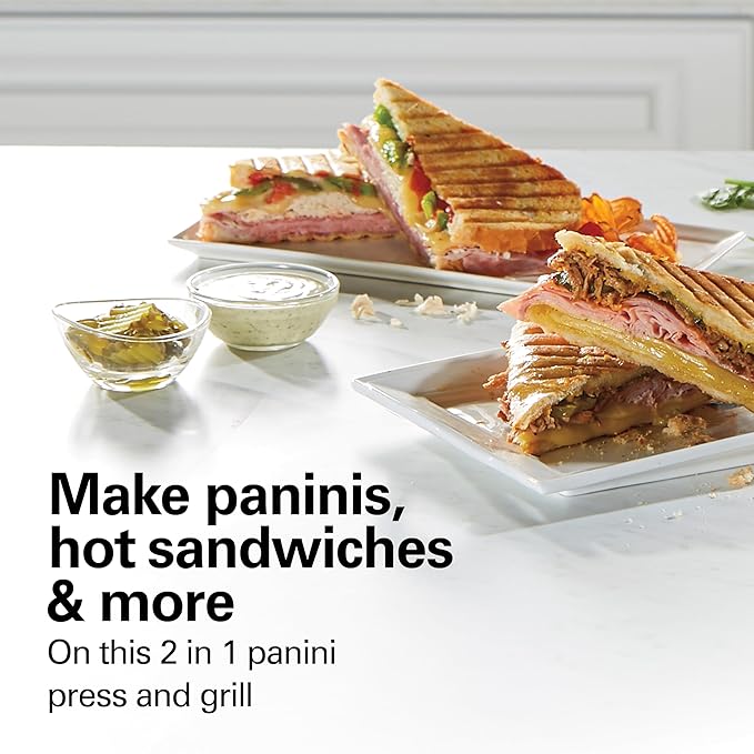 Hamilton Beach Panini Press, Sandwich Maker & Electric Indoor Grill, Upright Storage, PFAS-Free Nonstick Easy Clean Grids, Stainless Steel (25410)