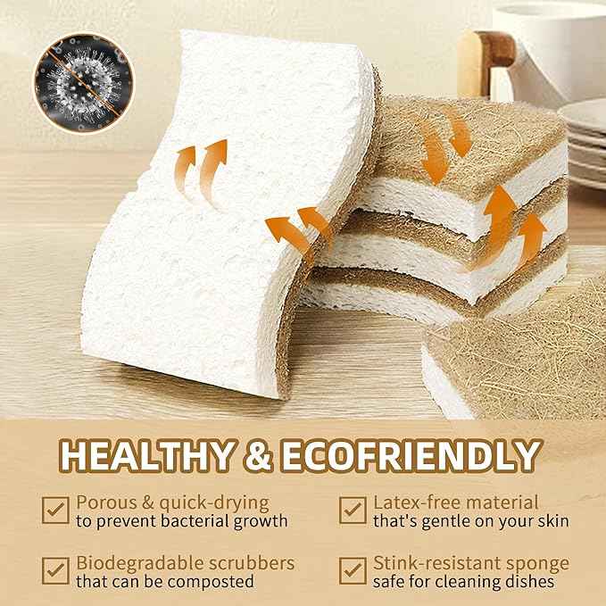 12 Pack Natural Kitchen Sponges, Biodegradable & Compostable | Non-Scratch Cellulose Coconut Fiber Sponges for Dishes, Pots & Pans | Eco-Friendly Cleaning Sponge
