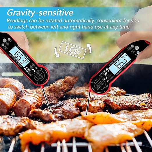 Digital Meat Thermometer for Grill, Instant Read Food Thermometer with Waterproof, Auto-Rotating Backlit Display, Calibration, Foldable Probe
