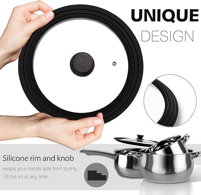Lerykin Tempered Glass Lid - Universal Lid with Heat Resistant Silicone Rim for Pots, Pans and Skillets - Pan Cover Replacement Lid Fits 6.5", 7" and 8" Diameter Cookware