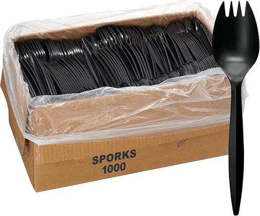 1,000 Plastic Disposable Sporks Bulk Black Medium Weight Disposable Silverware Plastic Cutlery Spork