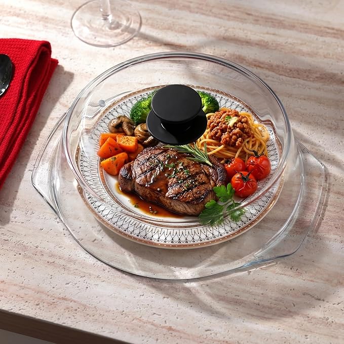 [Upgrade] FikaNook Glass Microwave Splatter Cover for Food with Silicone Handle & Ceramic Screw, 100% Food Grade, BPA Free, Dishwasher Safe