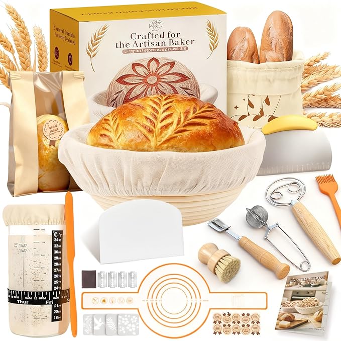 Complete Sourdough Starter Kit | Easy to Clean & Use for Beginners & Bakers | Natural Rattan Proofing Basket with Full Accessories | Sourdough Bread Baking Supplies for Bakers Women Wife