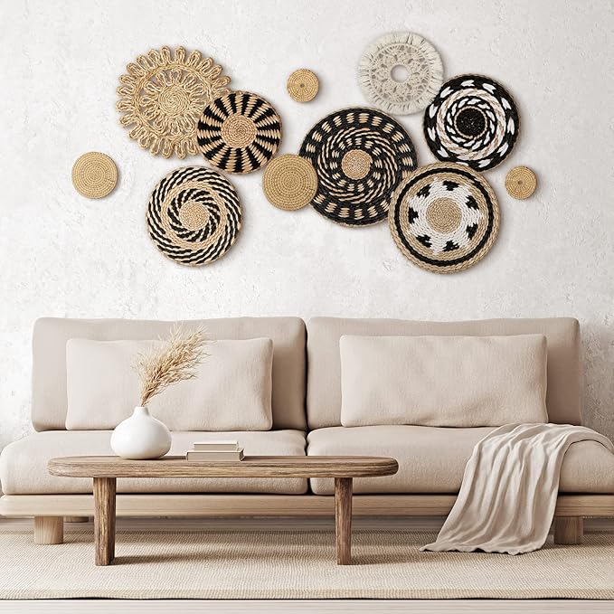 Tatuo 11 Pcs Boho Wall Basket Decor Bulrush Woven Wall Hanging Art Round Farmhouse Rustic Handmade Wicker for Summer Home, Bedroom, Living Room, Kitchen Decorations, Multi Sizes(Boho)