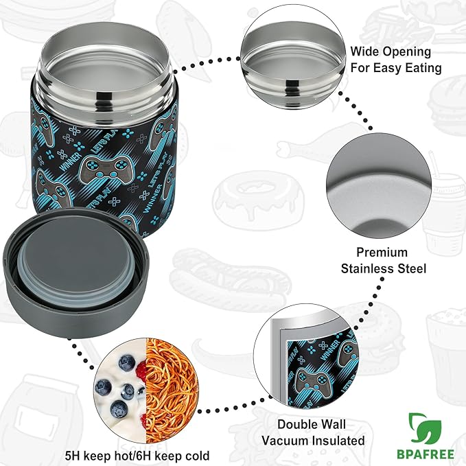 Itslife Bento Lunch Box Set for Kids with 12oz Soup Thermo&Lunch Bag, Leak-Proof Lunch Food Containers for Kids School, 5 Compartment, Sauce Cup, 10 Notes (Gaming Black)