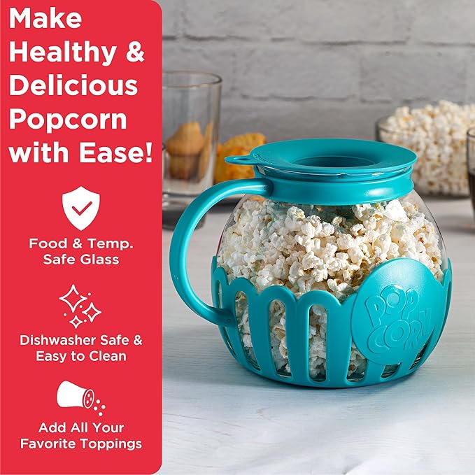 Ecolution Patented Micro-Pop Microwave Popcorn Popper with Temperature Safe Glass,3-in-1 Lid Measures Kernels and Melts Butter,Made Without BPA,Dishwasher Safe,3-Quart,Teal,(Pack of 4)