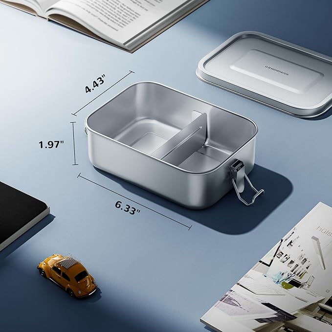 G.a HOMEFAVOR Stainless Steel Bento Lunch Box - Leak-Proof Metal Bento Box, Large Food Container with Lock Clips, Snack Container, Dishwasher Safe, 2 Compartments, 800 ml/27 oz