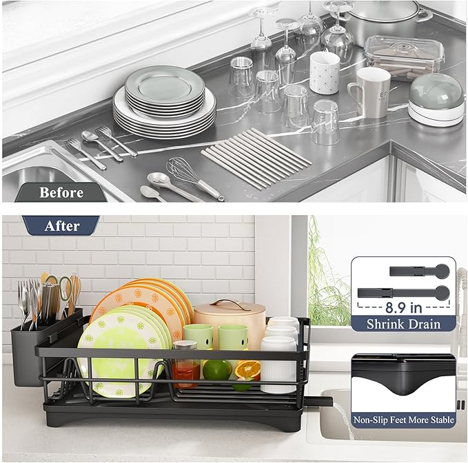 Dish Drying Rack - Rust Resistant Dish Drainer for Kitchen Counter with Drainboard & Rotating Spout, Large-Capacity Dish Rack with Removable Utensil Holder, Space-saving kitchen organizer, Black