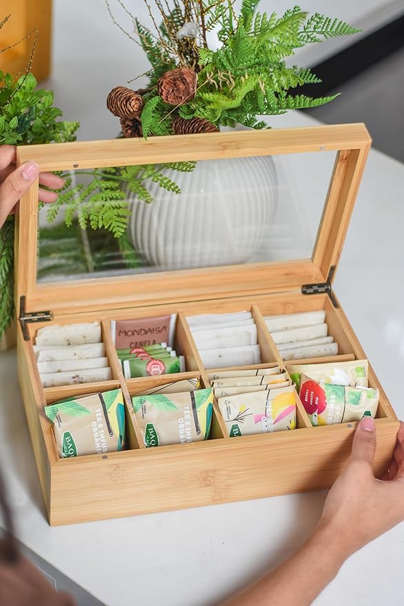 Acacia Wood and Bamboo Tea Bag Organizer - 4 & 8 Compartment Tea Box for Countertop - Tea Station & Coffee Bar Accessories - Fits Large & Craft Tea Bags (Bamboo, 8 Compartment)