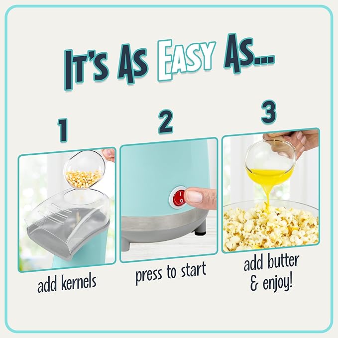 Nostalgia Air Popper Popcorn Maker - Oil-Free Popcorn Machine Pops Up To 16 Cups with Hot Air for Movie Night Snacks - Aqua Popcorn Popper with Swirling Air Chamber & Measuring Cup for Precise Popping