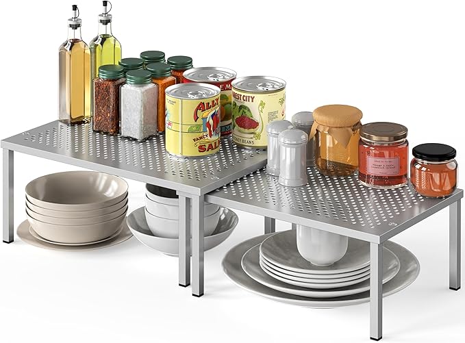 Simple Houseware Expandable Stackable Cabinet and Counter Shelf Organizer with Steel Surface, 9" D x 12.75" W x 5.9" H, Silver