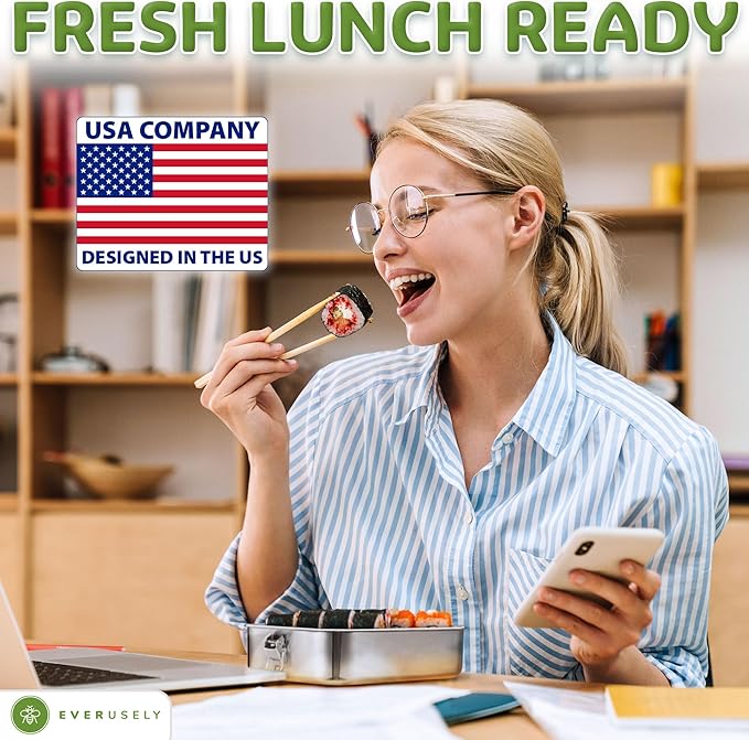 Everusely - Bento Box - Stainless Steel Lunch Box for Adults - 47 oz, 1.4 L - 5 Compartment Snack Container with Removable Silicone Seal & Secure Lock Clips - Leakproof & Dishwasher Safe