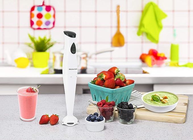 Elite Gourmet EHB-2425X Electric Immersion Hand Blender Stick, Mixer, Chopper, 1-Touch Control Multi Purpose, 150 Watts, For Soups, Sauces, Baby Food, White