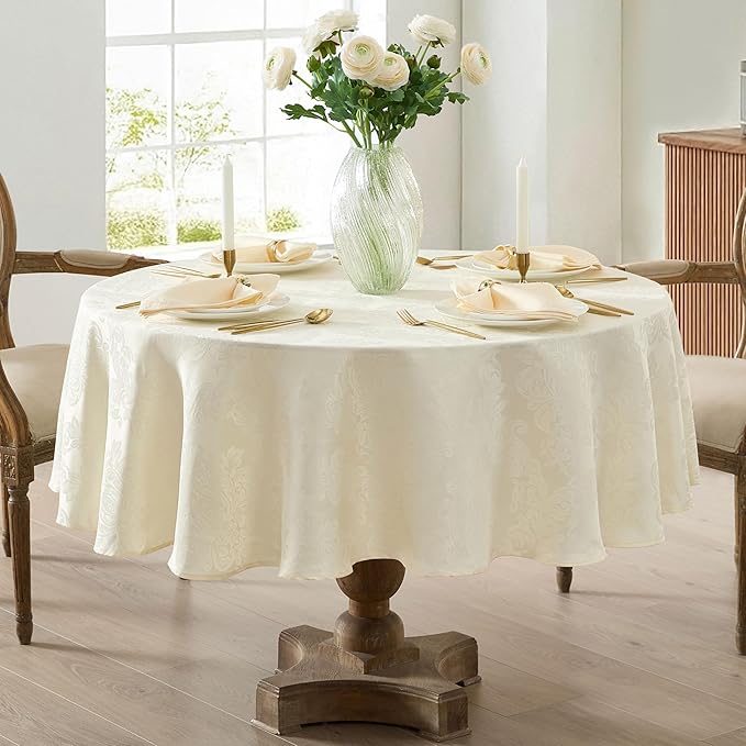 Newbridge Barcelona Luxury Damask Fabric Tablecloth, 108” Round, Antique White, 100% Polyester, No Iron, Soil Resistant Dining Room, Party and Banquet Table Cover